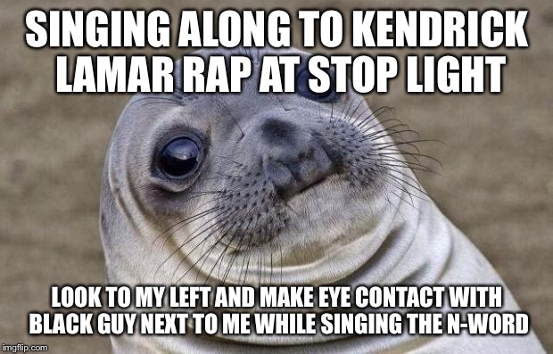Awkward Moment Sealion Meme | SINGING ALONG TO KENDRICK LAMAR RAP AT STOP LIGHT; LOOK TO MY LEFT AND MAKE EYE CONTACT WITH BLACK GUY NEXT TO ME WHILE SINGING THE N-WORD | image tagged in memes,awkward moment sealion | made w/ Imgflip meme maker