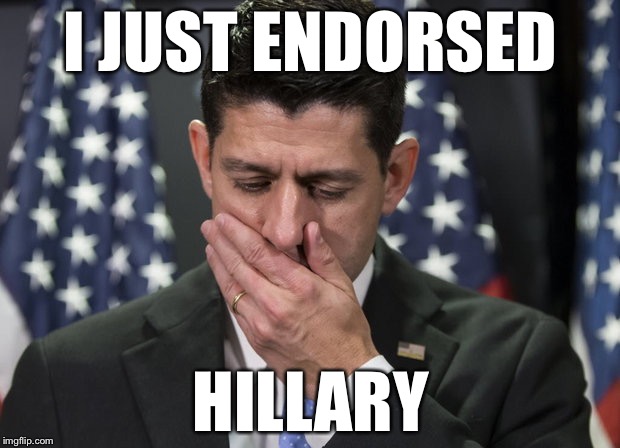 Sick Paul Ryan | I JUST ENDORSED; HILLARY | image tagged in sick paul ryan | made w/ Imgflip meme maker