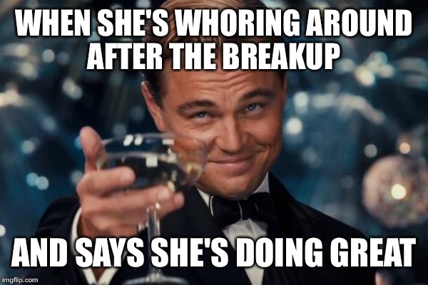 Leonardo Dicaprio Cheers Meme | WHEN SHE'S WHORING AROUND AFTER THE BREAKUP; AND SAYS SHE'S DOING GREAT | image tagged in memes,leonardo dicaprio cheers | made w/ Imgflip meme maker