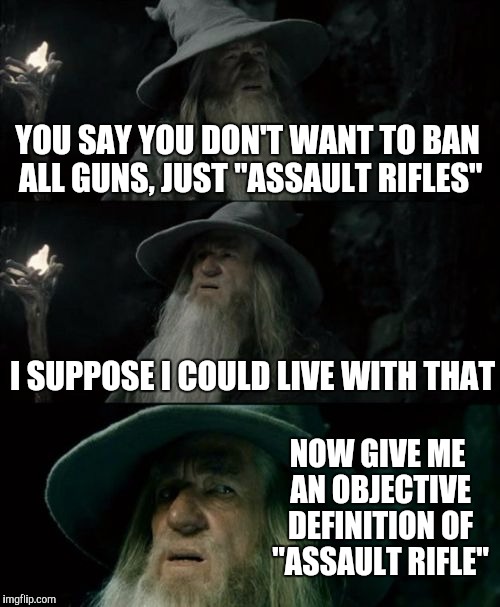 Confused Gandalf Meme | YOU SAY YOU DON'T WANT TO BAN ALL GUNS, JUST "ASSAULT RIFLES"; I SUPPOSE I COULD LIVE WITH THAT; NOW GIVE ME AN OBJECTIVE DEFINITION OF "ASSAULT RIFLE" | image tagged in memes,confused gandalf | made w/ Imgflip meme maker