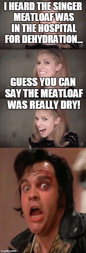 Dehydrated Meatloaf | I HEARD THE SINGER MEATLOAF WAS IN THE HOSPITAL FOR DEHYDRATION... GUESS YOU CAN SAY THE MEATLOAF WAS REALLY DRY! | image tagged in bad pun anna kendrick,humor,meatloaf,current events | made w/ Imgflip meme maker