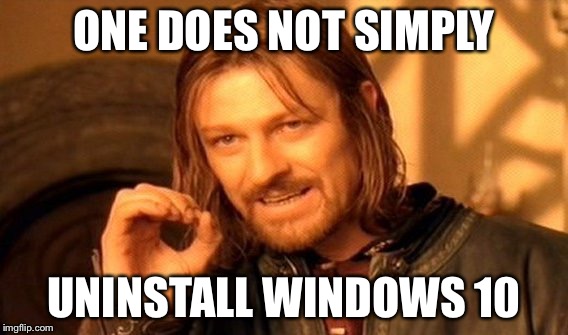 One Does Not Simply | ONE DOES NOT SIMPLY; UNINSTALL WINDOWS 10 | image tagged in memes,one does not simply | made w/ Imgflip meme maker