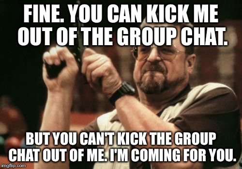 Am I The Only One Around Here Meme | FINE. YOU CAN KICK ME OUT OF THE GROUP CHAT. BUT YOU CAN'T KICK THE GROUP CHAT OUT OF ME. I'M COMING FOR YOU. | image tagged in memes,am i the only one around here | made w/ Imgflip meme maker
