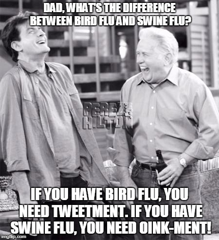 Father and Son | DAD, WHAT'S THE DIFFERENCE BETWEEN BIRD FLU AND SWINE FLU? IF YOU HAVE BIRD FLU, YOU NEED TWEETMENT. IF YOU HAVE SWINE FLU, YOU NEED OINK-MENT! | image tagged in father and son | made w/ Imgflip meme maker