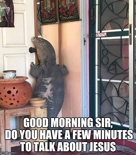 i think it was funny  | GOOD MORNING SIR, DO YOU HAVE A FEW MINUTES TO TALK ABOUT JESUS | image tagged in relgion | made w/ Imgflip meme maker