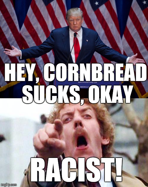 Trump Racist | HEY, CORNBREAD SUCKS, OKAY; RACIST! | image tagged in racism,passive aggressive racism,donald trump,liberals,progressives | made w/ Imgflip meme maker