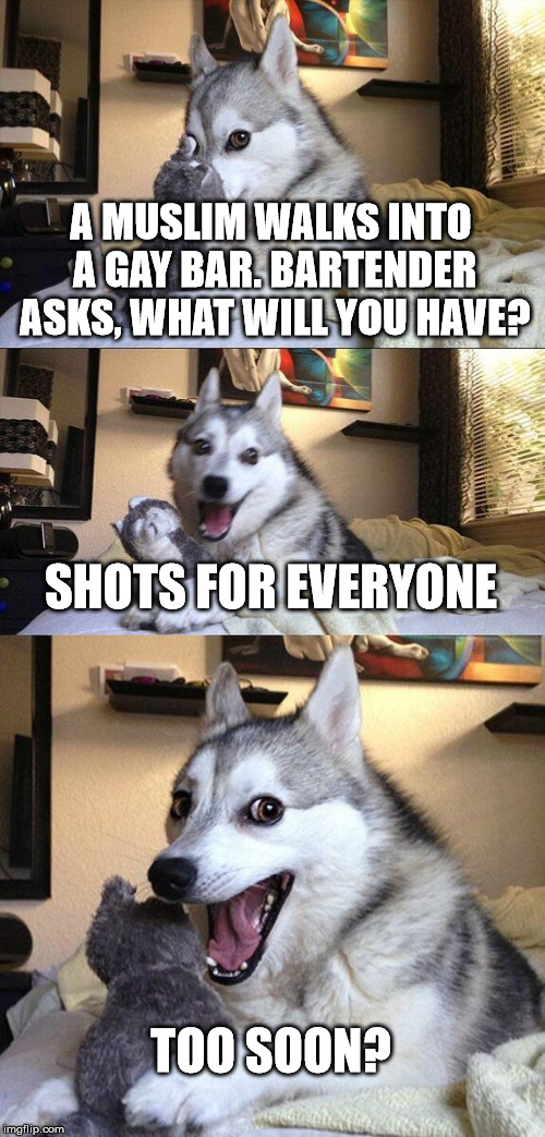Bad Pun Dog | A MUSLIM WALKS INTO A GAY BAR. BARTENDER ASKS, WHAT WILL YOU HAVE? SHOTS FOR EVERYONE; TOO SOON? | image tagged in memes,bad pun dog | made w/ Imgflip meme maker