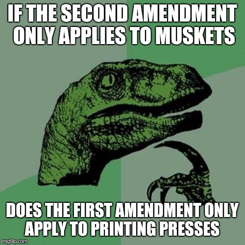 Philosoraptor | IF THE SECOND AMENDMENT ONLY APPLIES TO MUSKETS; DOES THE FIRST AMENDMENT ONLY APPLY TO PRINTING PRESSES | image tagged in memes,philosoraptor | made w/ Imgflip meme maker