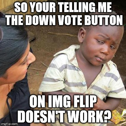 Third World Skeptical Kid | SO YOUR TELLING ME THE DOWN VOTE BUTTON; ON IMG FLIP DOESN'T WORK? | image tagged in memes,third world skeptical kid | made w/ Imgflip meme maker