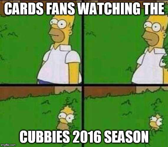 Homer Simpson in Bush - Large | CARDS FANS WATCHING THE; CUBBIES 2016 SEASON | image tagged in homer simpson in bush - large | made w/ Imgflip meme maker