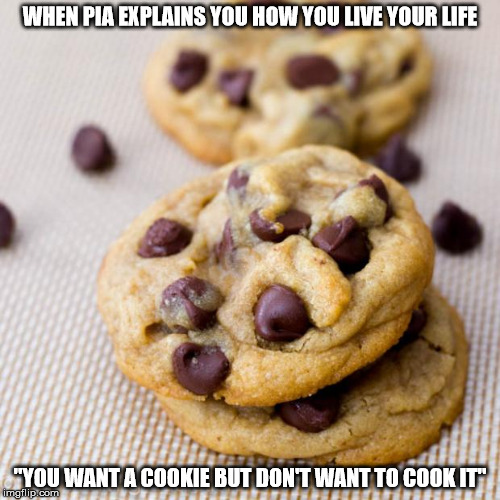 Punny Cookies | WHEN PIA EXPLAINS YOU HOW YOU LIVE YOUR LIFE; "YOU WANT A COOKIE BUT DON'T WANT TO COOK IT" | image tagged in punny cookies | made w/ Imgflip meme maker