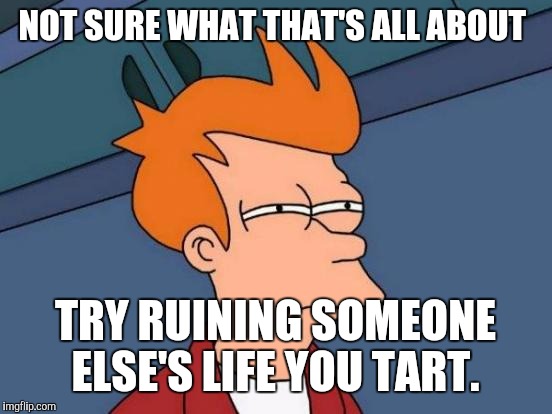 Futurama Fry Meme | NOT SURE WHAT THAT'S ALL ABOUT TRY RUINING SOMEONE ELSE'S LIFE YOU TART. | image tagged in memes,futurama fry | made w/ Imgflip meme maker