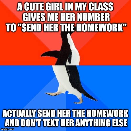 Socially Awesome Awkward Penguin Meme | A CUTE GIRL IN MY CLASS GIVES ME HER NUMBER TO "SEND HER THE HOMEWORK"; ACTUALLY SEND HER THE HOMEWORK AND DON'T TEXT HER ANYTHING ELSE | image tagged in memes,socially awesome awkward penguin,AdviceAnimals | made w/ Imgflip meme maker
