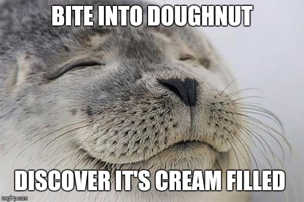 Satisfied Seal Meme | BITE INTO DOUGHNUT; DISCOVER IT'S CREAM FILLED | image tagged in memes,satisfied seal,AdviceAnimals | made w/ Imgflip meme maker