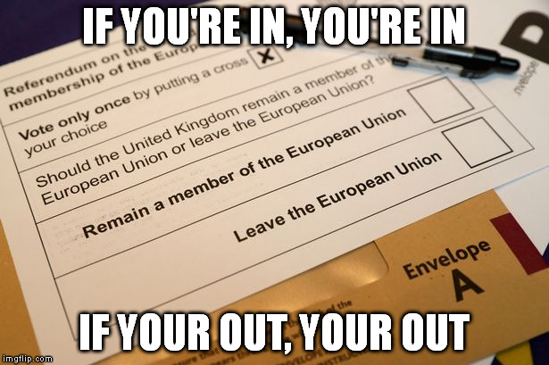 IF YOU'RE IN, YOU'RE IN; IF YOUR OUT, YOUR OUT | image tagged in memes,europe,brexit | made w/ Imgflip meme maker