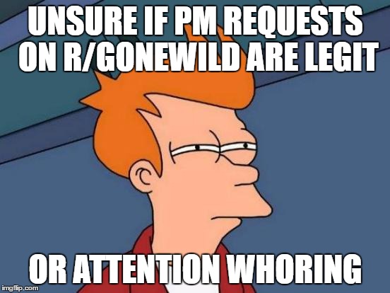 Futurama Fry Meme | UNSURE IF PM REQUESTS ON R/GONEWILD ARE LEGIT; OR ATTENTION WHORING | image tagged in memes,futurama fry,AdviceAnimals | made w/ Imgflip meme maker