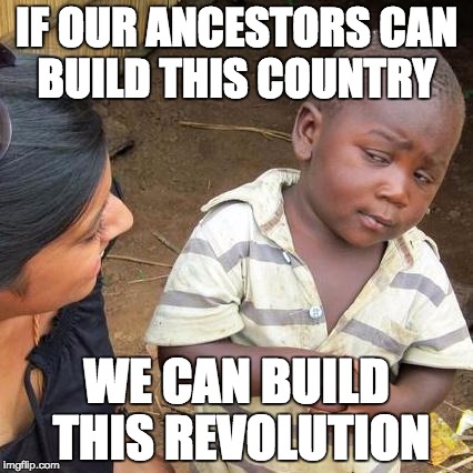 Third World Skeptical Kid | IF OUR ANCESTORS CAN BUILD THIS COUNTRY; WE CAN BUILD THIS REVOLUTION | image tagged in memes,third world skeptical kid | made w/ Imgflip meme maker