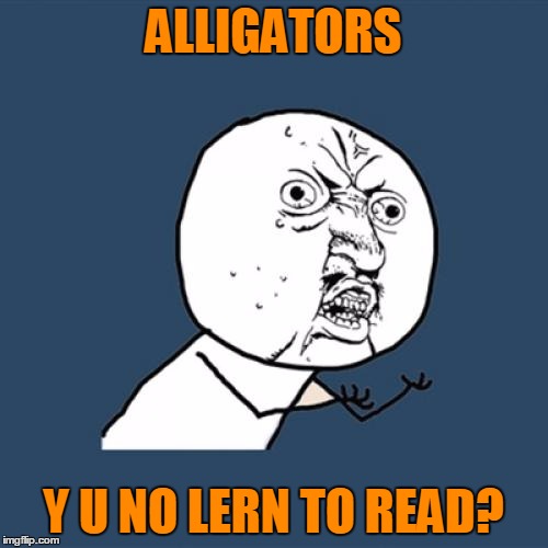 Y U No Meme | ALLIGATORS Y U NO LERN TO READ? | image tagged in memes,y u no | made w/ Imgflip meme maker