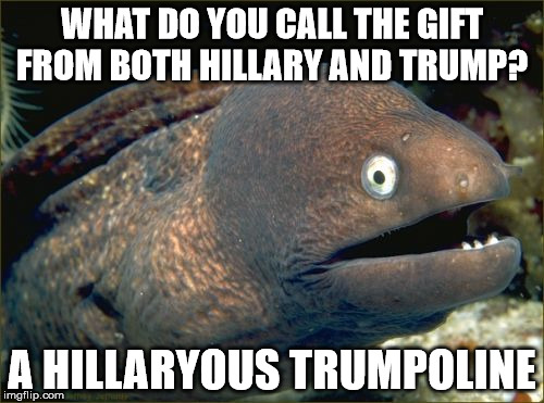 Bad Joke Eel Meme | WHAT DO YOU CALL THE GIFT FROM BOTH HILLARY AND TRUMP? A HILLARYOUS TRUMPOLINE | image tagged in memes,bad joke eel | made w/ Imgflip meme maker