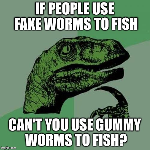 Philosoraptor Meme | IF PEOPLE USE FAKE WORMS TO FISH; CAN'T YOU USE GUMMY WORMS TO FISH? | image tagged in memes,philosoraptor | made w/ Imgflip meme maker