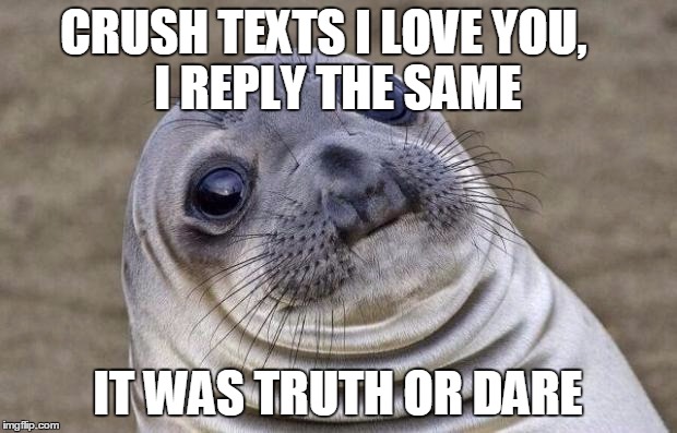 Awkward Moment Sealion Meme | CRUSH TEXTS I LOVE YOU,


 I REPLY THE SAME; IT WAS TRUTH OR DARE | image tagged in memes,awkward moment sealion,AdviceAnimals | made w/ Imgflip meme maker