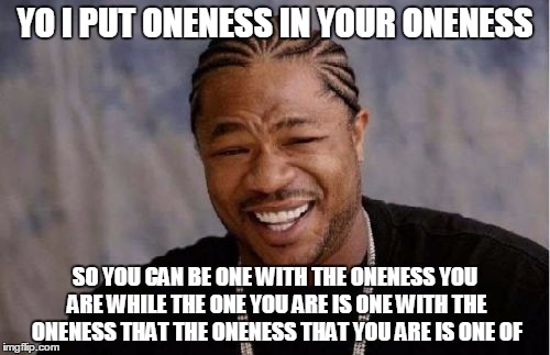 Yo Dawg Heard You Meme | YO I PUT ONENESS IN YOUR ONENESS; SO YOU CAN BE ONE WITH THE ONENESS YOU ARE WHILE THE ONE YOU ARE IS ONE WITH THE ONENESS THAT THE ONENESS THAT YOU ARE IS ONE OF | image tagged in memes,yo dawg heard you | made w/ Imgflip meme maker