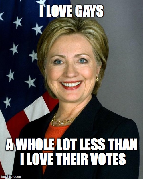 JUST A LITTLE WHITE LIAR | I LOVE GAYS; A WHOLE LOT LESS THAN I LOVE THEIR VOTES | image tagged in hillaryclinton | made w/ Imgflip meme maker