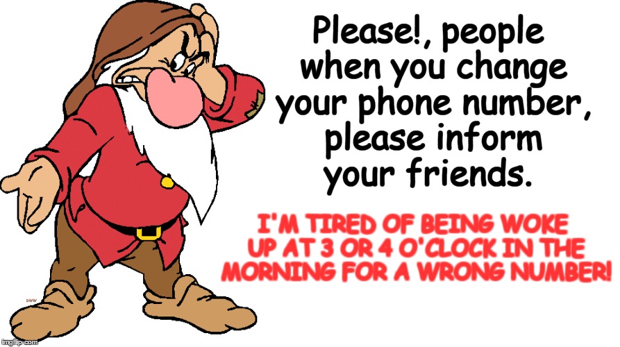 Please!, people when you change your phone number, please inform your friends. I'M TIRED OF BEING WOKE UP AT 3 OR 4 O'CLOCK IN THE MORNING FOR A WRONG NUMBER! | image tagged in grumpy dwarf,wrong number | made w/ Imgflip meme maker