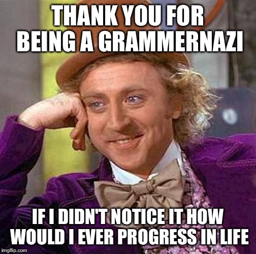Creepy Condescending Wonka Meme | THANK YOU FOR BEING A GRAMMERNAZI; IF I DIDN'T NOTICE IT HOW WOULD I EVER PROGRESS IN LIFE | image tagged in memes,creepy condescending wonka | made w/ Imgflip meme maker