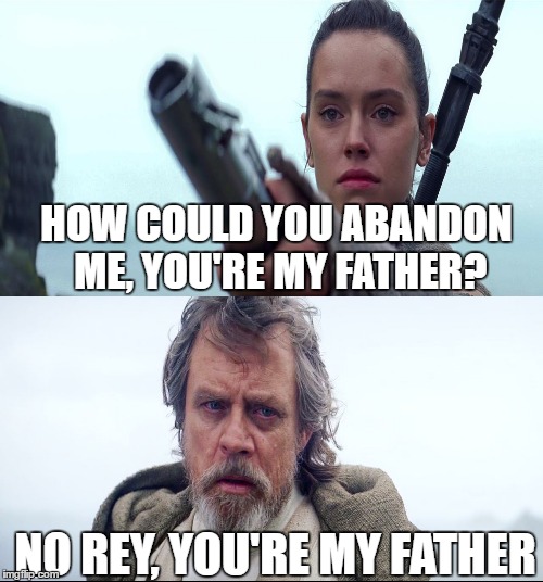 HOW COULD YOU ABANDON ME, YOU'RE MY FATHER? NO REY, YOU'RE MY FATHER | image tagged in star wars,rey | made w/ Imgflip meme maker