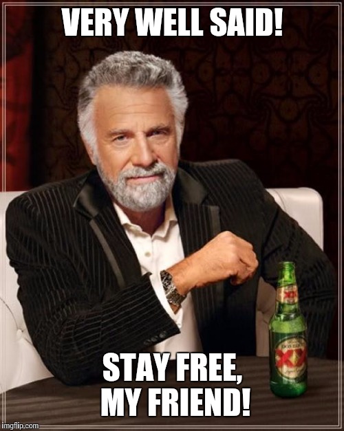The Most Interesting Man In The World Meme | VERY WELL SAID! STAY FREE, MY FRIEND! | image tagged in memes,the most interesting man in the world | made w/ Imgflip meme maker
