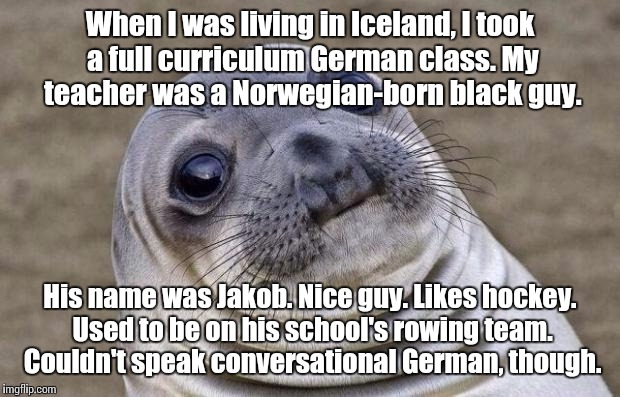 No such thing as bad Schülerin; only bad Lehrer. Lehrer say, Schülerin do. | When I was living in Iceland, I took a full curriculum German class. My teacher was a Norwegian-born black guy. His name was Jakob. Nice guy. Likes hockey. Used to be on his school's rowing team. Couldn't speak conversational German, though. | image tagged in memes,awkward moment sealion | made w/ Imgflip meme maker