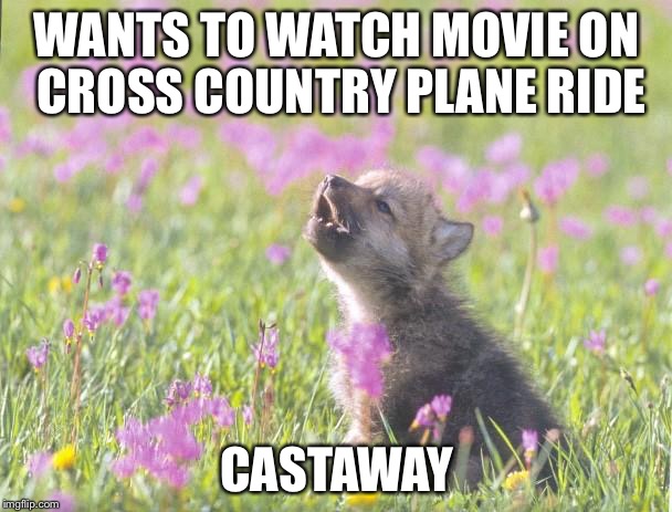 Baby Insanity Wolf | WANTS TO WATCH MOVIE ON CROSS COUNTRY PLANE RIDE; CASTAWAY | image tagged in memes,baby insanity wolf,AdviceAnimals | made w/ Imgflip meme maker