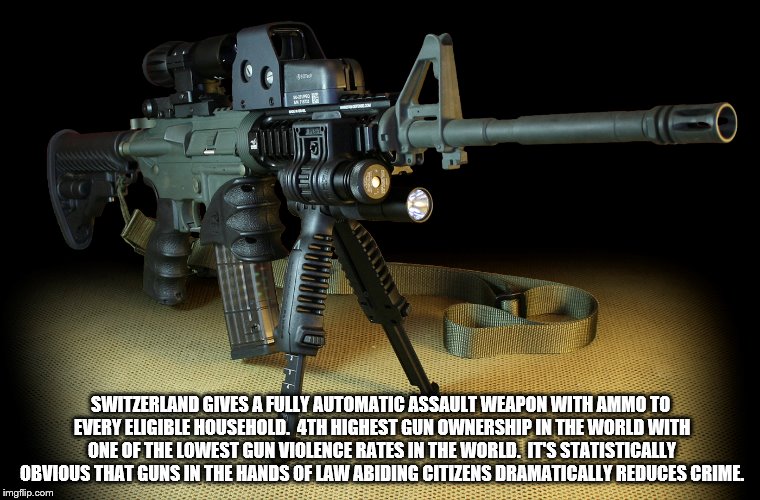 Guns make us safer | SWITZERLAND GIVES A FULLY AUTOMATIC ASSAULT WEAPON WITH AMMO TO EVERY ELIGIBLE HOUSEHOLD.  4TH HIGHEST GUN OWNERSHIP IN THE WORLD WITH ONE OF THE LOWEST GUN VIOLENCE RATES IN THE WORLD.  IT'S STATISTICALLY OBVIOUS THAT GUNS IN THE HANDS OF LAW ABIDING CITIZENS DRAMATICALLY REDUCES CRIME. | image tagged in obama,gun control,ar-15,hillary's lies | made w/ Imgflip meme maker
