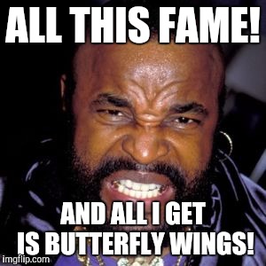 Famous celebrity's who can't get back in the spotlight! | ALL THIS FAME! AND ALL I GET IS BUTTERFLY WINGS! | image tagged in meme war | made w/ Imgflip meme maker