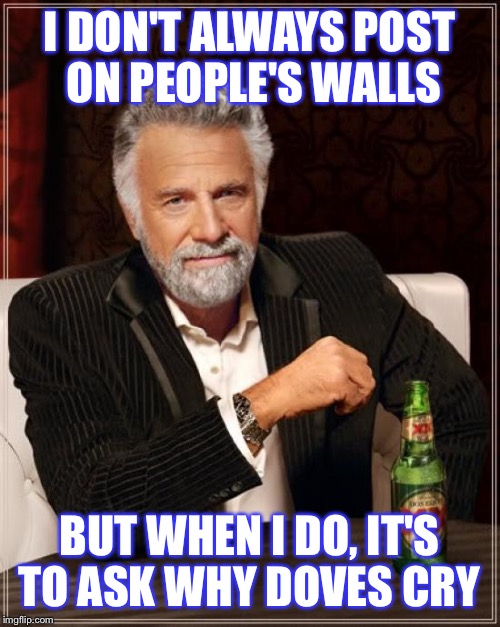 The Most Interesting Man In The World Meme | I DON'T ALWAYS POST ON PEOPLE'S WALLS; BUT WHEN I DO, IT'S TO ASK WHY DOVES CRY | image tagged in memes,the most interesting man in the world | made w/ Imgflip meme maker