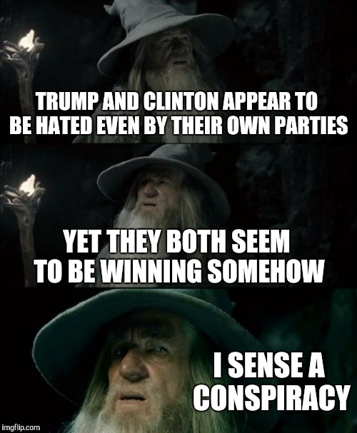 Confused Gandalf | TRUMP AND CLINTON APPEAR TO BE HATED EVEN BY THEIR OWN PARTIES; YET THEY BOTH SEEM TO BE WINNING SOMEHOW; I SENSE A CONSPIRACY | image tagged in memes,confused gandalf | made w/ Imgflip meme maker