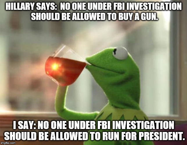 But That's None Of My Business (Neutral) Meme | HILLARY SAYS:  NO ONE UNDER FBI INVESTIGATION SHOULD BE ALLOWED TO BUY A GUN. I SAY: NO ONE UNDER FBI INVESTIGATION SHOULD BE ALLOWED TO RUN FOR PRESIDENT. | image tagged in memes,but thats none of my business neutral | made w/ Imgflip meme maker