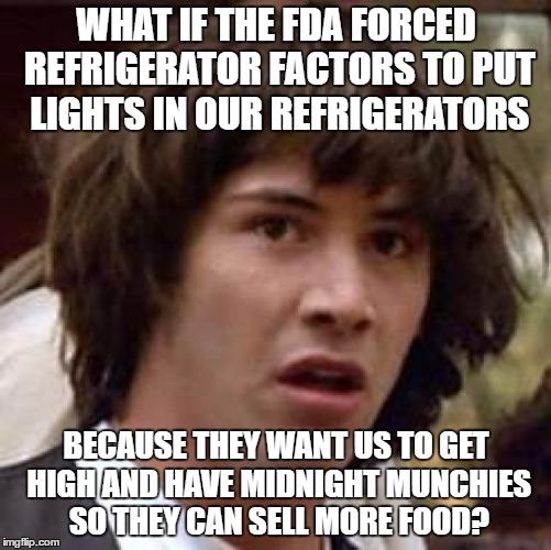 Conspiracy Keanu Meme | WHAT IF THE FDA FORCED REFRIGERATOR FACTORS TO PUT LIGHTS IN OUR REFRIGERATORS; BECAUSE THEY WANT US TO GET HIGH AND HAVE MIDNIGHT MUNCHIES SO THEY CAN SELL MORE FOOD? | image tagged in memes,conspiracy keanu | made w/ Imgflip meme maker