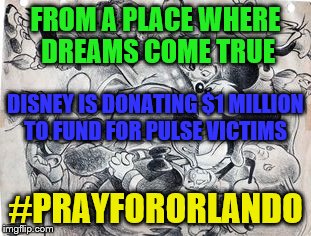 Sad day in Orlando | FROM A PLACE WHERE DREAMS COME TRUE; DISNEY IS DONATING $1 MILLION TO FUND FOR PULSE VICTIMS; #PRAYFORORLANDO | image tagged in sad day in orlando | made w/ Imgflip meme maker