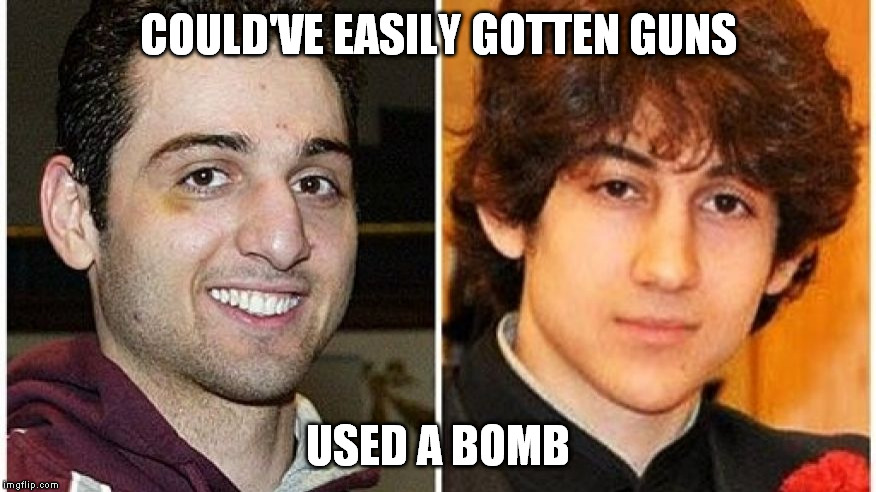 COULD'VE EASILY GOTTEN GUNS USED A BOMB | image tagged in boston marathon bomber brothers | made w/ Imgflip meme maker