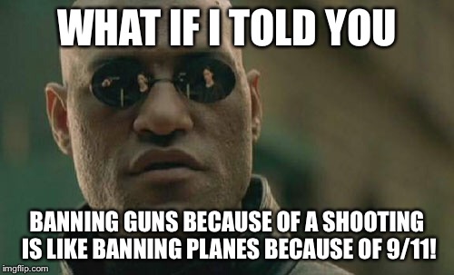 Matrix Morpheus Meme | WHAT IF I TOLD YOU; BANNING GUNS BECAUSE OF A SHOOTING IS LIKE BANNING PLANES BECAUSE OF 9/11! | image tagged in memes,matrix morpheus | made w/ Imgflip meme maker