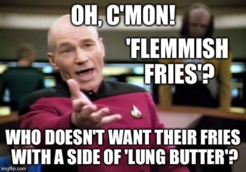 Picard Wtf Meme | OH, C'MON! WHO DOESN'T WANT THEIR FRIES WITH A SIDE OF 'LUNG BUTTER'? 'FLEMMISH FRIES'? | image tagged in memes,picard wtf | made w/ Imgflip meme maker