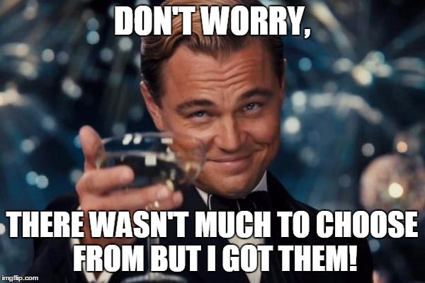 Leonardo Dicaprio Cheers Meme | DON'T WORRY, THERE WASN'T MUCH TO CHOOSE FROM BUT I GOT THEM! | image tagged in memes,leonardo dicaprio cheers | made w/ Imgflip meme maker