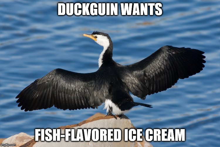 Duckguin | DUCKGUIN WANTS; FISH-FLAVORED ICE CREAM | image tagged in duckguin | made w/ Imgflip meme maker
