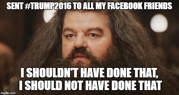 Hagrid | SENT #TRUMP2016 TO ALL MY FACEBOOK FRIENDS; I SHOULDN'T HAVE DONE THAT, I SHOULD NOT HAVE DONE THAT | image tagged in hagrid | made w/ Imgflip meme maker