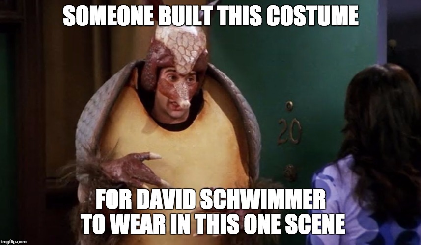 SOMEONE BUILT THIS COSTUME; FOR DAVID SCHWIMMER TO WEAR IN THIS ONE SCENE | image tagged in rossadillo | made w/ Imgflip meme maker