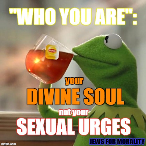 But That's None Of My Business | "WHO YOU ARE":; your; DIVINE SOUL; not your; SEXUAL URGES; JEWS FOR MORALITY | image tagged in memes,but thats none of my business,kermit the frog | made w/ Imgflip meme maker