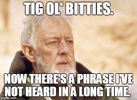 Obi Wan Kenobi Meme | TIG OL' BITTIES. NOW THERE'S A PHRASE I'VE NOT HEARD IN A LONG TIME. | image tagged in memes,obi wan kenobi | made w/ Imgflip meme maker
