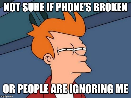 Futurama Fry Meme | NOT SURE IF PHONE'S BROKEN; OR PEOPLE ARE IGNORING ME | image tagged in memes,futurama fry | made w/ Imgflip meme maker